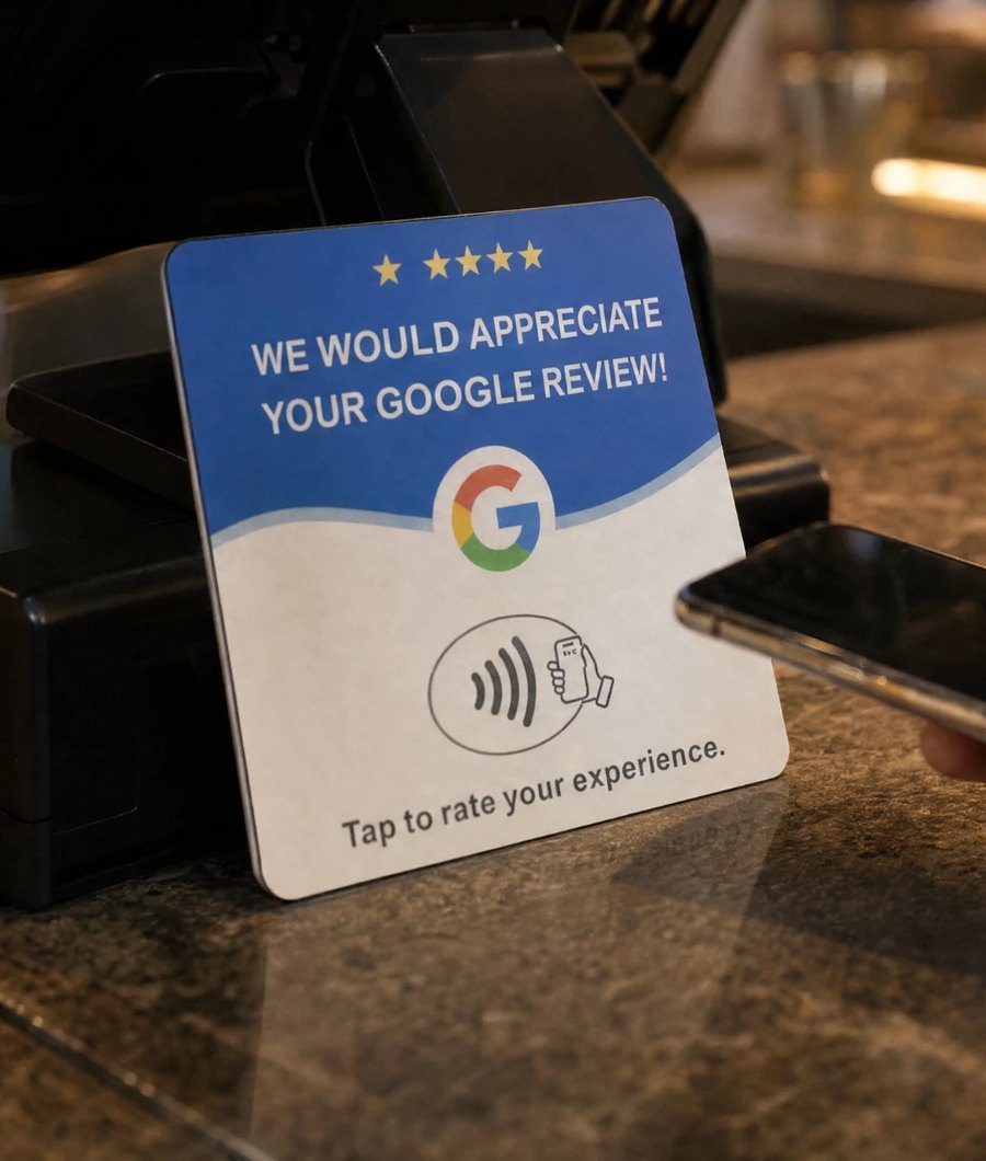 A review card standing on a cafe counter beside the till, a customer bringing their phone toward it