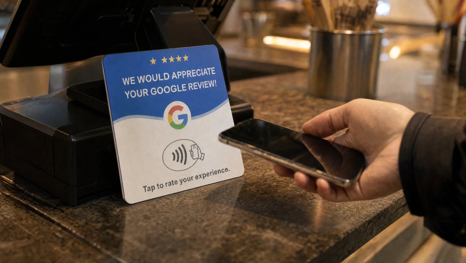 A review tap card on a cafe counter beside the till