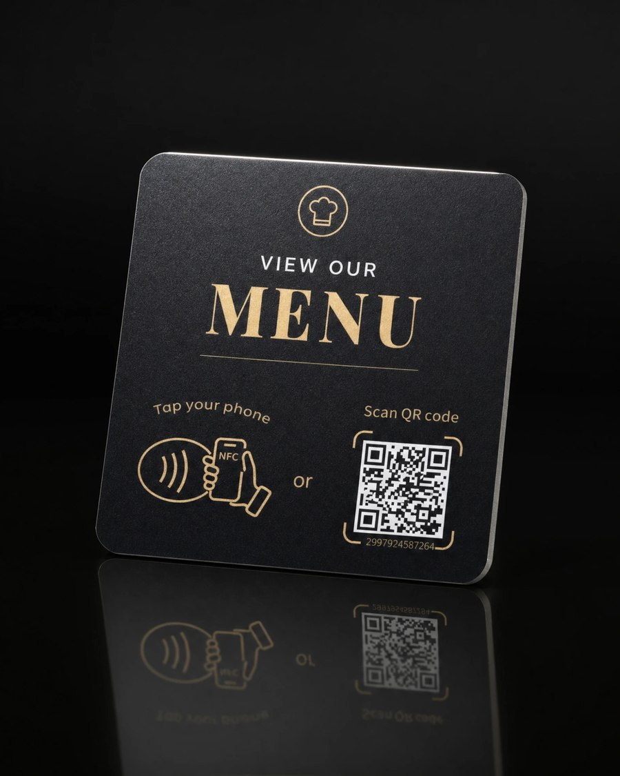 A custom black and gold NFC menu plate photographed on a dark reflective studio surface