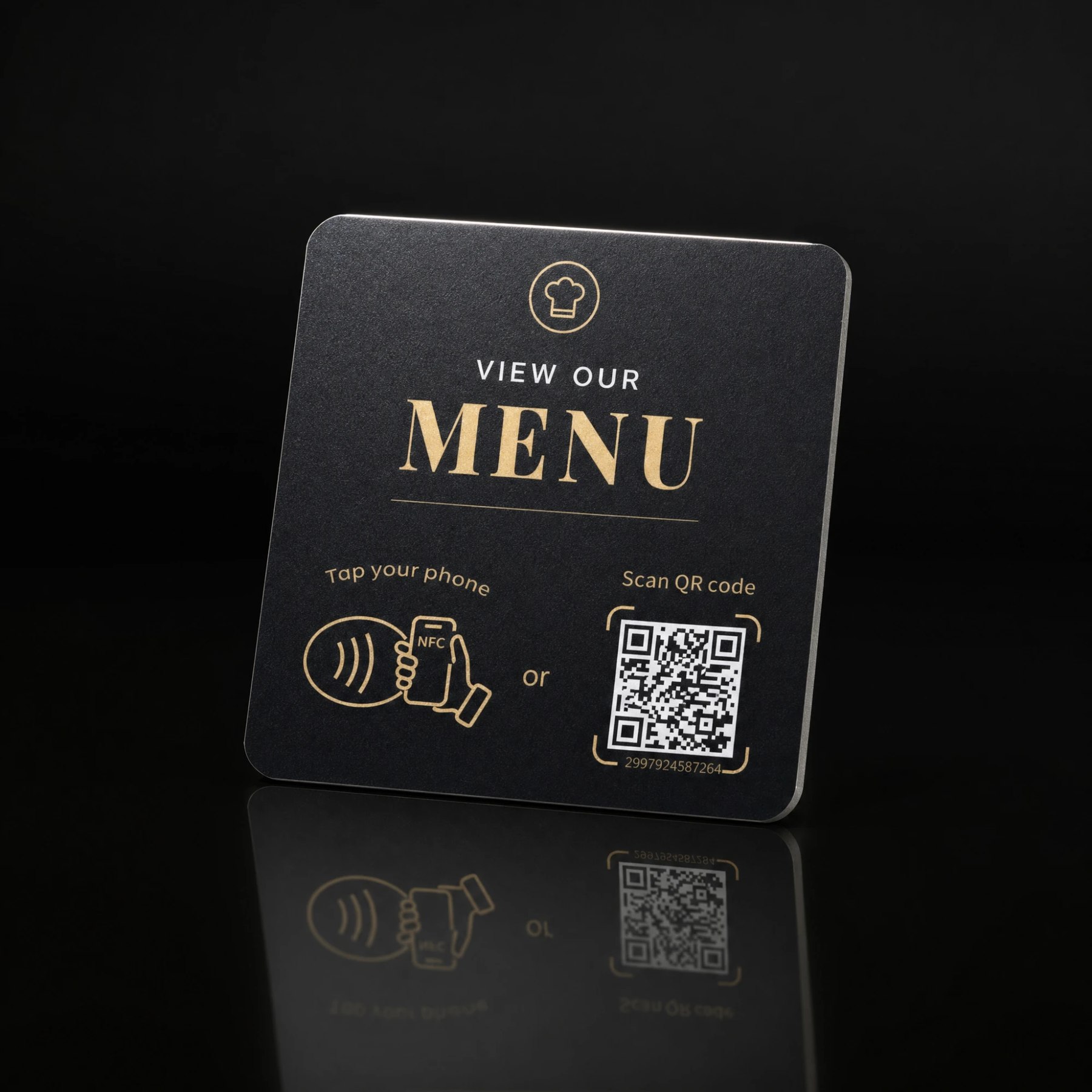 A custom NFC menu plate photographed on a dark reflective studio surface