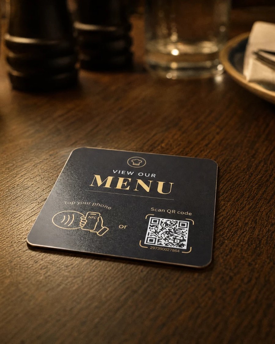 A custom NFC menu plate lying on a candlelit restaurant table