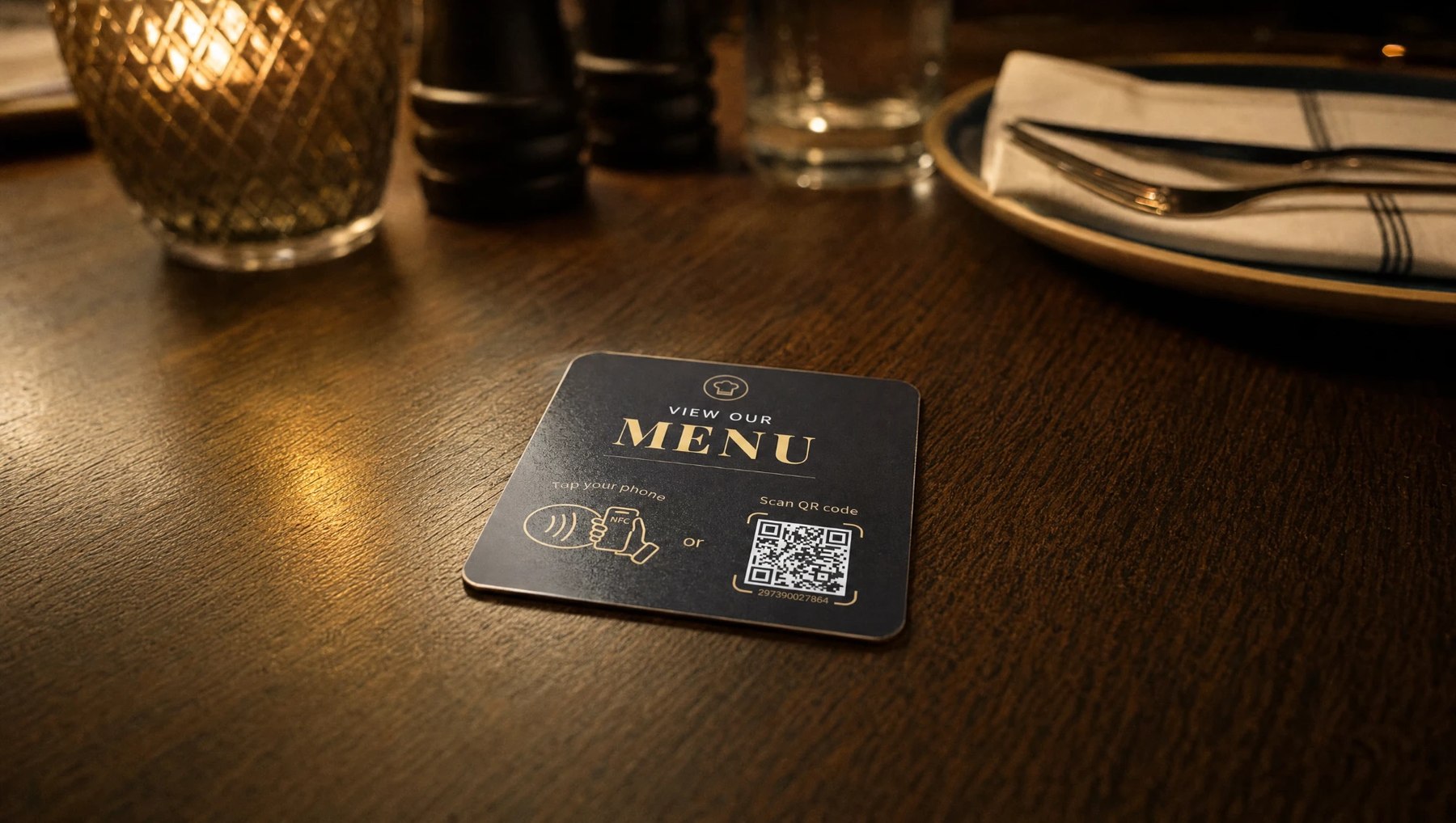 A custom NFC menu plate on a candlelit restaurant table